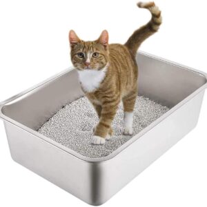 Yangbaga Stainless Steel Litter Box for Cat and Rabbit, Odor Control Litter Pan, Non Stick, Easy to Clean, Rust Proof, Large Size with High Sides and Non Slip Rubber Feets