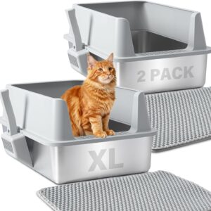 Nyutu Stainless Steel Litter Box 2 Pack, XL Metal Litter Box with Lid, Large Cat Litter Boxes for Adult/Big Cat, Anti-Urine Leakage, Easy Cleaning, No Smell, Non-Stick, Includes Litter Scoop and Mat