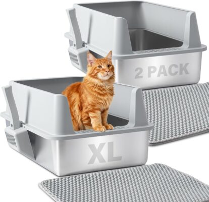 Nyutu Stainless Steel Litter Box 2 Pack, XL Metal Litter Box with Lid, Large Cat Litter Boxes for Adult/Big Cat, Anti-Urine Leakage, Easy Cleaning, No Smell, Non-Stick, Includes Litter Scoop and Mat