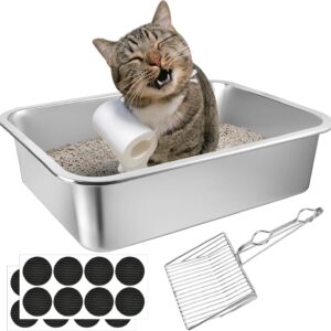 Lainballow Stainless Steel Cat Litter Box, 16 x 12 x 4 Large Litter Box, Non Stick Kitty Litter Pan with Metal Litter Scoop and Anti Slip Stickers for Kitten, Guinea Pig and Rabbit
