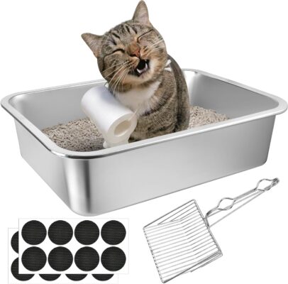 Lainballow Stainless Steel Cat Litter Box, 16 x 12 x 4 Large Litter Box, Non Stick Kitty Litter Pan with Metal Litter Scoop and Anti Slip Stickers for Kitten, Guinea Pig and Rabbit