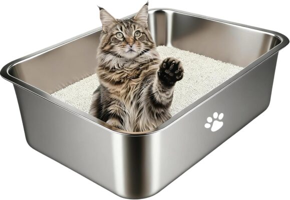 Stainless Steel Cat Litter Box,High Sided Cat Pan,Metal Kitten Litter Pan,Large Metal Litter Box for Cats,Rabbits,Non-Stick,No Smell,Smooth Surface,Splash-Proof,Easy to Clean23.6"x15.8"x5.9"